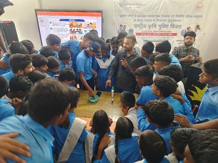 Students during the deworming and hygiene demonstration